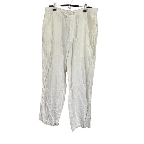 Brandini‎ Pants Women’s White Linen Casual Dress Drawstring Zip Summer beachLG